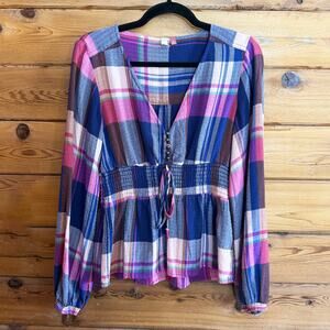 Pilcro Anthropologie Blouse Women's XS Multi Plaid Tie Waist V Neck Button Front